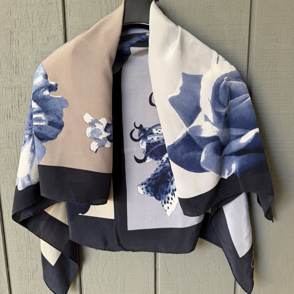 Linda Dano Silk Scarf Black Blue Gray Floral Lily Rose Large 42" x 42" *read*